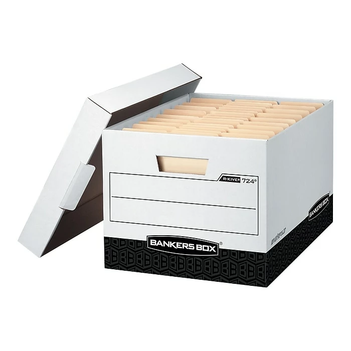 Bankers Box R-Kive® Heavy-Duty FastFold File Storage Boxes, Lift-Off Lid, Letter/Legal Size, White/Black, 12/Carton (00724) 3 Bankers Box R-Kive® Heavy-Duty FastFold File Storage Boxes, Lift-Off Lid, Letter/Legal Size, White/Black, 12/Carton (00724)