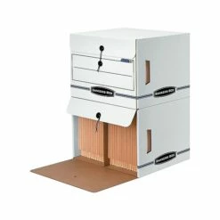 Bankers Box Side-Tab Drop-Front Corrugated File Storage Boxes, String & Button, Letter Size, White/Blue, 12/Carton (00061)