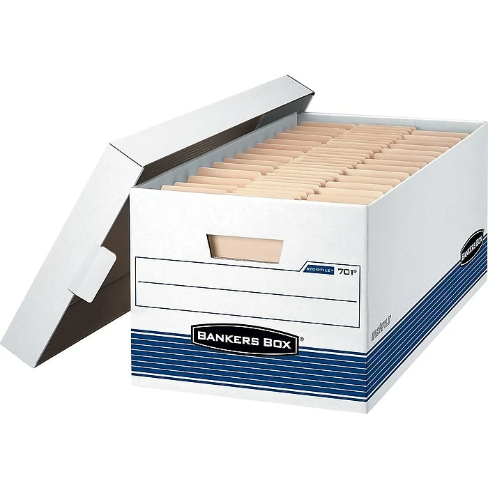 Bankers Box Medium-Duty FastFold Corrugated File Storage Boxes, Lift-Off Lid, Letter Size, White/Blue, 12/Carton (00701) 3 Bankers Box Medium-Duty FastFold Corrugated File Storage Boxes, Lift-Off Lid, Letter Size, White/Blue, 12/Carton (00701)