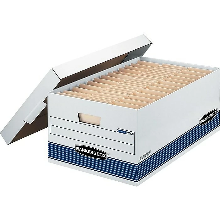 Bankers Box Medium-Duty FastFold Corrugated File Storage Boxes, 24" Lift-Off Lid, Legal Size, White/Blue, 12/Carton (00702) 3 Bankers Box Medium-Duty FastFold Corrugated File Storage Boxes, 24" Lift-Off Lid, Legal Size, White/Blue, 12/Carton (00702)