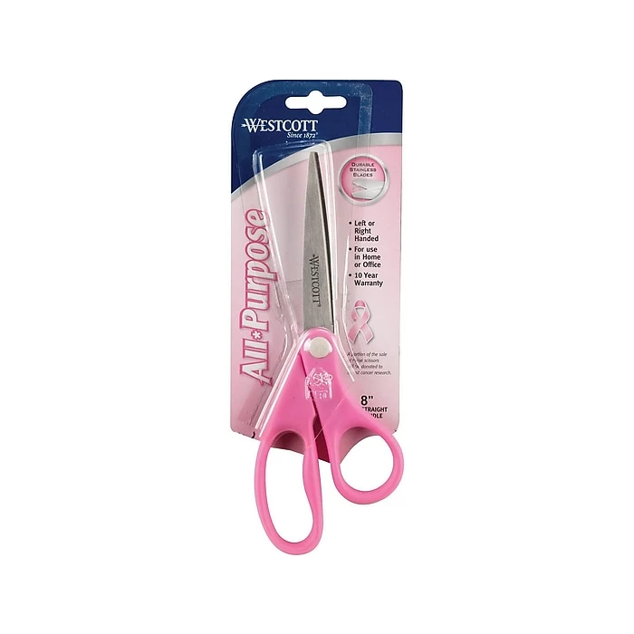 Westcott® All Purpose Pink Ribbon 8" Stainless Steel Scissors, Pointed Tip, Pink (15387) 4 Westcott® All Purpose Pink Ribbon 8" Stainless Steel Scissors, Pointed Tip, Pink (15387) - Image 2