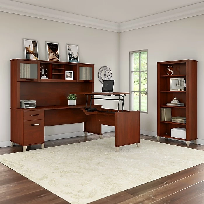 Bush Furniture Somerset 72W 3 Position Sit To Stand L Shaped Desk With Hutch And Bookcase, Hansen Cherry (SET017HC) 4 Bush Furniture Somerset 72W 3 Position Sit To Stand L Shaped Desk With Hutch And Bookcase, Hansen Cherry (SET017HC) - Image 2