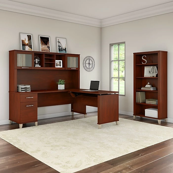 Bush Furniture Somerset 72W 3 Position Sit To Stand L Shaped Desk With Hutch And Bookcase, Hansen Cherry (SET017HC) 8 Bush Furniture Somerset 72W 3 Position Sit To Stand L Shaped Desk With Hutch And Bookcase, Hansen Cherry (SET017HC) - Image 6