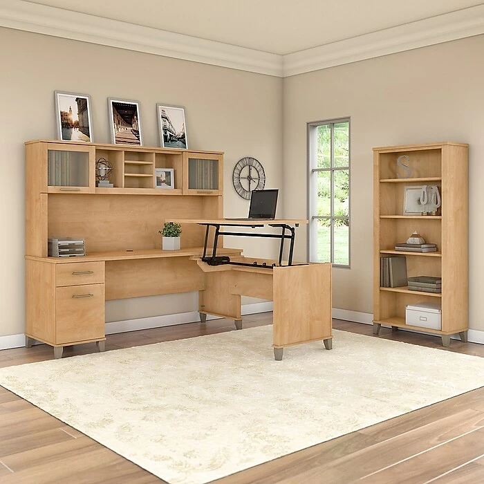 Bush Furniture Somerset 72W 3 Position Sit To Stand L Shaped Desk With Hutch And Bookcase, Maple Cross (SET017MC) 4 Bush Furniture Somerset 72W 3 Position Sit To Stand L Shaped Desk With Hutch And Bookcase, Maple Cross (SET017MC) - Image 2