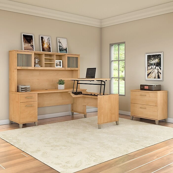 Bush Furniture Somerset 72W 3 Position Sit To Stand L Shaped Desk With Hutch And File Cabinet, Maple Cross (SET016MC) 4 Bush Furniture Somerset 72W 3 Position Sit To Stand L Shaped Desk With Hutch And File Cabinet, Maple Cross (SET016MC) - Image 2