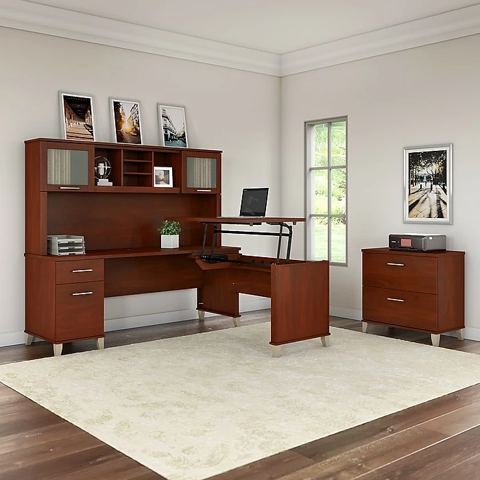 Bush Furniture Somerset 72W 3 Position Sit To Stand L Shaped Desk With Hutch And File Cabinet, Hansen Cherry (SET016HC) 4 Bush Furniture Somerset 72W 3 Position Sit To Stand L Shaped Desk With Hutch And File Cabinet, Hansen Cherry (SET016HC) - Image 2