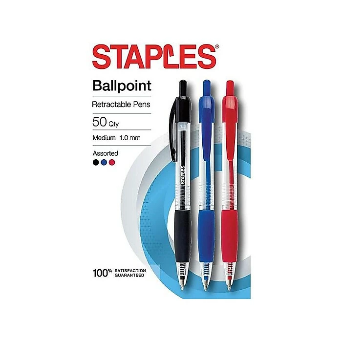 Staples Ballpoint Retractable Pens, Medium Point, Assorted Ink, 50/Pack (50371) 3 Staples Ballpoint Retractable Pens, Medium Point, Assorted Ink, 50/Pack (50371)
