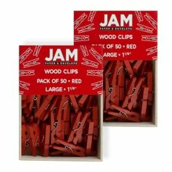 JAM Paper® Wood Clip Clothespins, Medium 1 1/8 Inch, Red Clothes Pins, 2 Packs Of 50 (230729143A)
