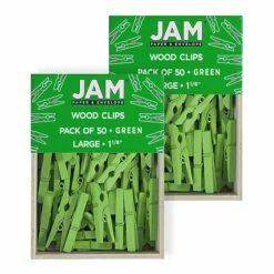 JAM Paper® Wood Clip Clothespins, Medium 1 1/8 Inch, Green Clothes Pins, 2 Packs Of 50 (230729147A)