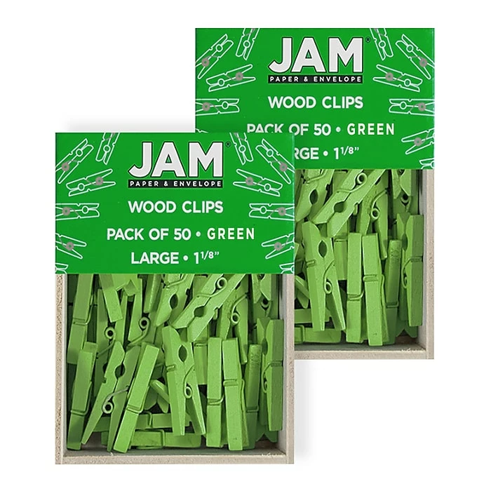 JAM Paper® Wood Clip Clothespins, Medium 1 1/8 Inch, Green Clothes Pins, 2 Packs Of 50 (230729147A) 3 JAM Paper® Wood Clip Clothespins, Medium 1 1/8 Inch, Green Clothes Pins, 2 Packs Of 50 (230729147A)