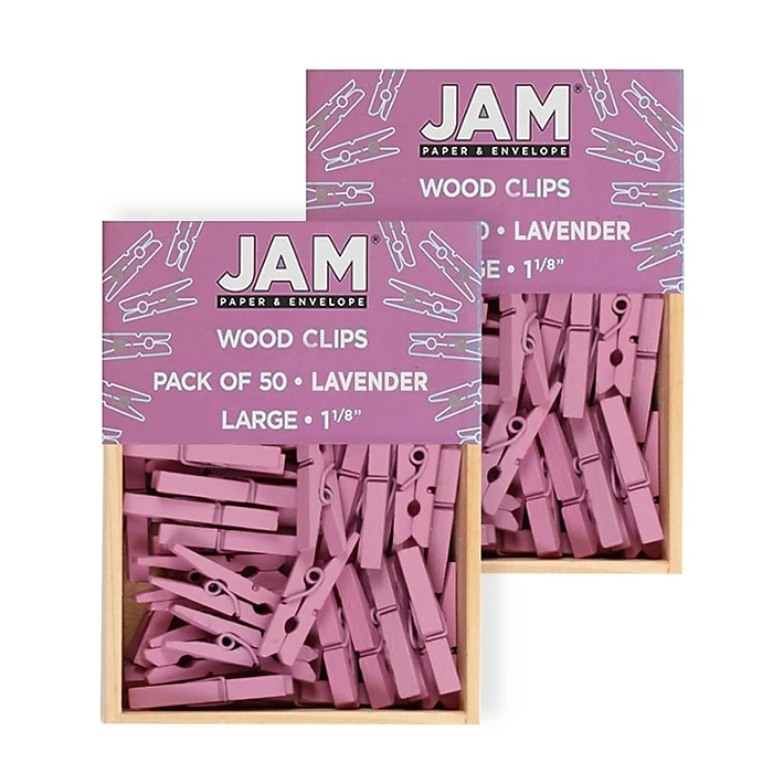 JAM Paper® Wood Clip Clothespins, Medium 1 1/8 Inch, Lavender Purple Clothes Pins, 2 Packs Of 50 (230726780A) 3 JAM Paper® Wood Clip Clothespins, Medium 1 1/8 Inch, Lavender Purple Clothes Pins, 2 Packs Of 50 (230726780A)