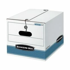 Bankers Box Medium-Duty FastFold File Storage Boxes, String & Button, Letter/Legal Size, White/Blue, 4/Carton (0002501)