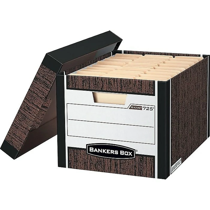 Bankers Box R-Kive® Heavy-Duty FastFold File Storage Boxes, Lift-Off Lid, Letter/Legal Size, Woodgrain, 4/Pack (0072506) 3 Bankers Box R-Kive® Heavy-Duty FastFold File Storage Boxes, Lift-Off Lid, Letter/Legal Size, Woodgrain, 4/Pack (0072506)