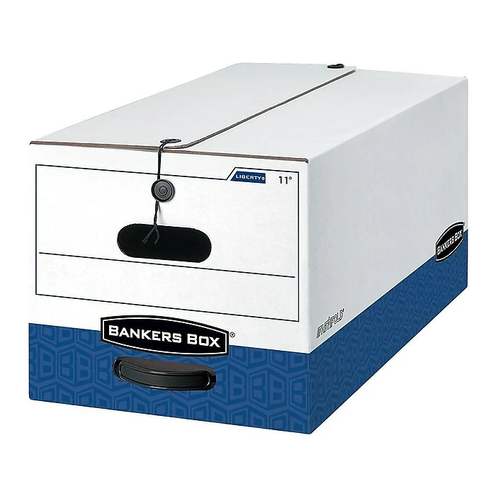 Bankers Box Heavy-Duty Corrugated File Storage Boxes, String & Button, Legal Size, White/Blue, 4/Carton (0001203) 5 Bankers Box Heavy-Duty Corrugated File Storage Boxes, String & Button, Legal Size, White/Blue, 4/Carton (0001203) - Image 3