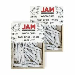 JAM Paper Wood Clip Medium Wood Clothespins, White Clothes Pins, 2 Packs Of 50 (2230719109A)
