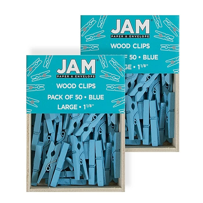 JAM Paper® Wood Clip Clothespins, Medium 1 1/8 Inch, Blue Clothes Pins, 2 Packs Of 50 (230726776A) 3 JAM Paper® Wood Clip Clothespins, Medium 1 1/8 Inch, Blue Clothes Pins, 2 Packs Of 50 (230726776A)