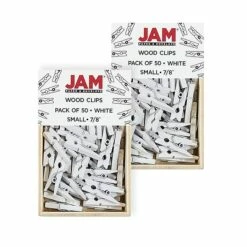 JAM Paper Wood Clip Small Wood Clothespins, White, 2 Packs Of 50 (2230717360A)