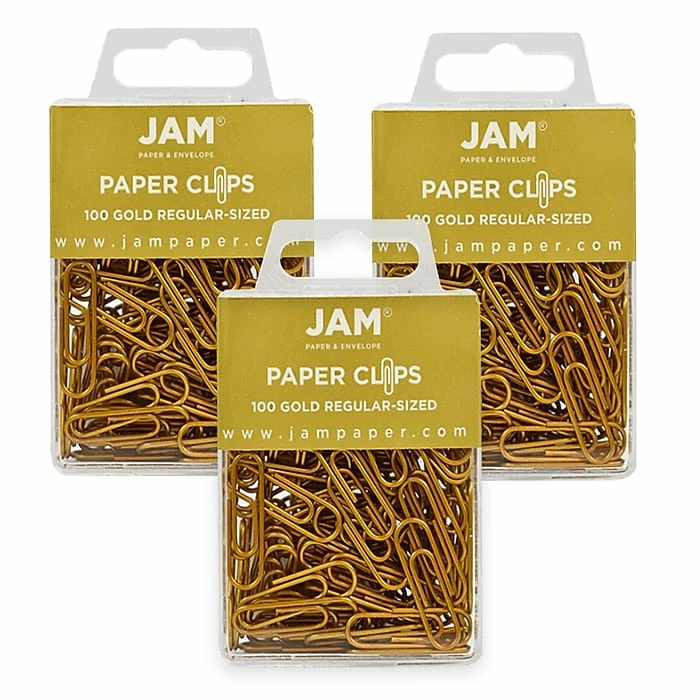JAM Paper Small Paper Clips, Gold, 3 Packs Of 100 (21832058B) 3 JAM Paper Small Paper Clips, Gold, 3 Packs Of 100 (21832058B)