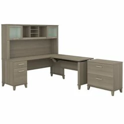 Bush Furniture Somerset 72W 3 Position Sit To Stand L Shaped Desk With Hutch And File Cabinet, Ash Gray (SET016AG)