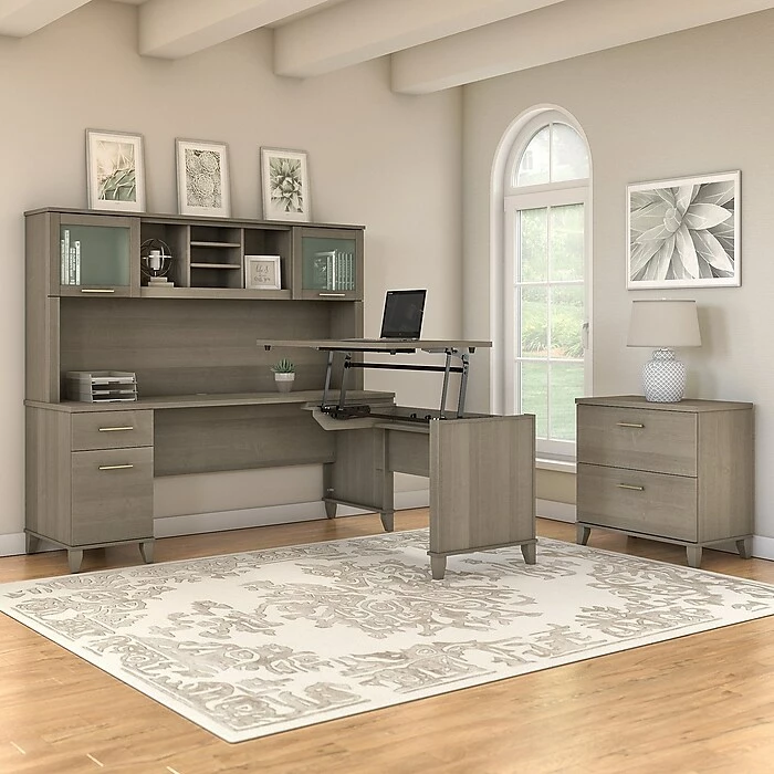 Bush Furniture Somerset 72W 3 Position Sit To Stand L Shaped Desk With Hutch And File Cabinet, Ash Gray (SET016AG) 4 Bush Furniture Somerset 72W 3 Position Sit To Stand L Shaped Desk With Hutch And File Cabinet, Ash Gray (SET016AG) - Image 2