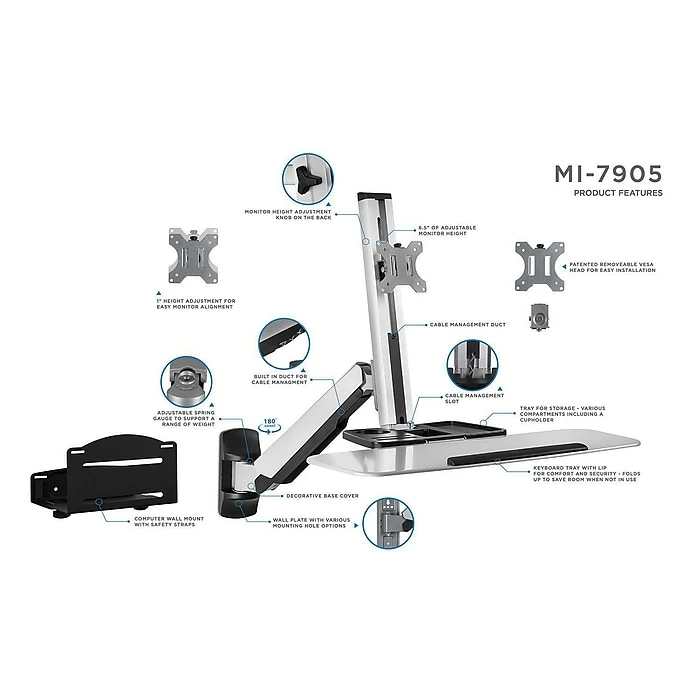 Mount-It! Sit Stand Wall Mount Workstation, Articulating Standing Desk For A Single Monitor, Floating Keyboard Tray (MI-7905) 6 Mount-It! Sit Stand Wall Mount Workstation, Articulating Standing Desk For A Single Monitor, Floating Keyboard Tray (MI-7905) - Image 4