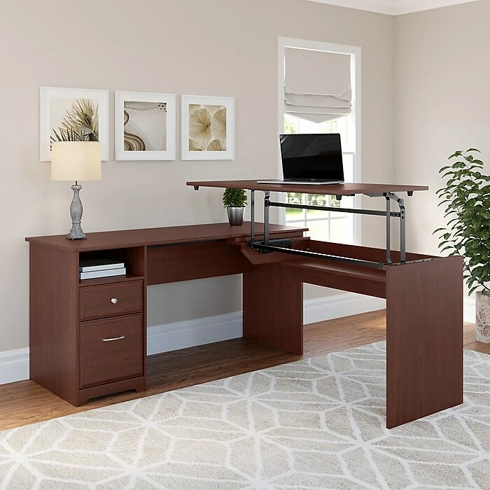 Bush Furniture Cabot 36"-42"H 3 Position L Shaped Sit To Stand Desk, Harvest Cherry (CAB043HVC) 4 Bush Furniture Cabot 36"-42"H 3 Position L Shaped Sit To Stand Desk, Harvest Cherry (CAB043HVC) - Image 2