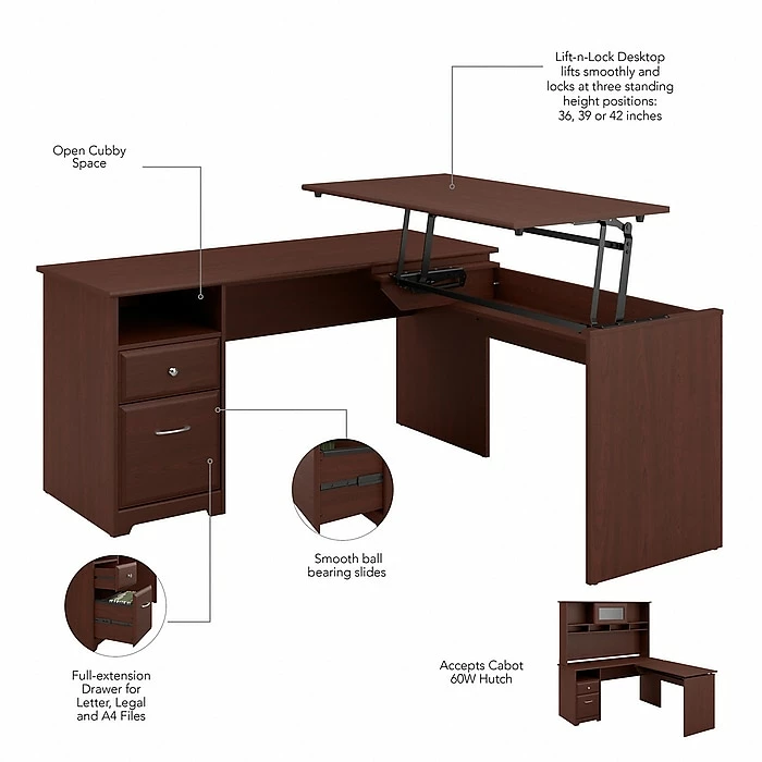 Bush Furniture Cabot 36"-42"H 3 Position L Shaped Sit To Stand Desk, Harvest Cherry (CAB043HVC) 5 Bush Furniture Cabot 36"-42"H 3 Position L Shaped Sit To Stand Desk, Harvest Cherry (CAB043HVC) - Image 3