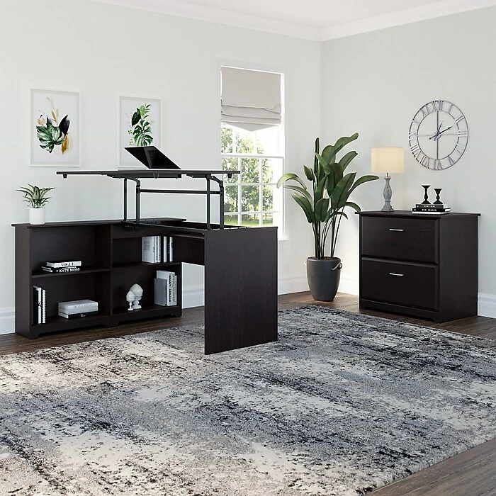 Bush Furniture Cabot 36"-42"H Position Sit To Stand Corner Bookshelf Desk With Lateral File Cabinet, Espresso Oak (CAB056EPO) 4 Bush Furniture Cabot 36"-42"H Position Sit To Stand Corner Bookshelf Desk With Lateral File Cabinet, Espresso Oak (CAB056EPO) - Image 2