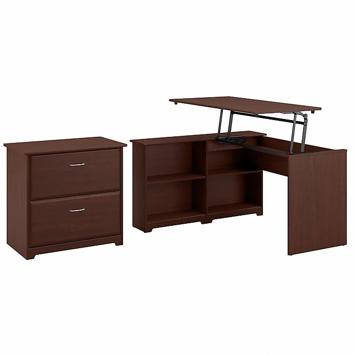 Bush Furniture Cabot 36"-42"H 3 Position Sit To Stand Corner Bookshelf Desk With Lateral File Cabinet, Harvest Cherry(CAB056HVC) 3 Bush Furniture Cabot 36"-42"H 3 Position Sit To Stand Corner Bookshelf Desk With Lateral File Cabinet, Harvest Cherry(CAB056HVC)