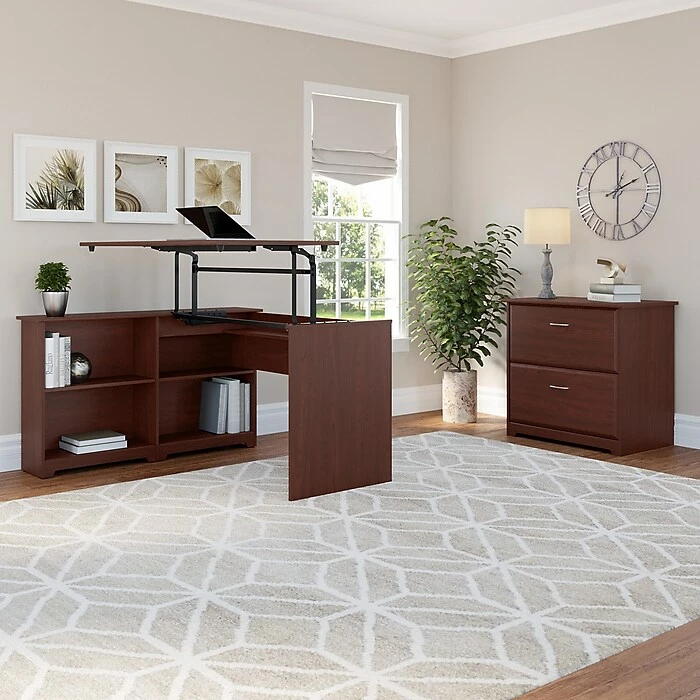Bush Furniture Cabot 36"-42"H 3 Position Sit To Stand Corner Bookshelf Desk With Lateral File Cabinet, Harvest Cherry(CAB056HVC) 4 Bush Furniture Cabot 36"-42"H 3 Position Sit To Stand Corner Bookshelf Desk With Lateral File Cabinet, Harvest Cherry(CAB056HVC) - Image 2
