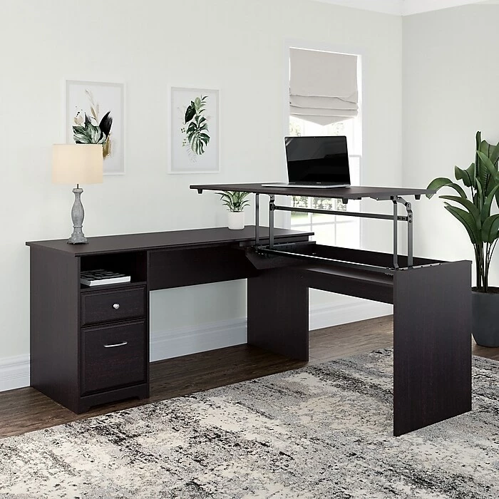 Bush Furniture Cabot 36"-42"H 3 Position L Shaped Sit To Stand Desk, Espresso Oak (CAB043EPO) 4 Bush Furniture Cabot 36"-42"H 3 Position L Shaped Sit To Stand Desk, Espresso Oak (CAB043EPO) - Image 2