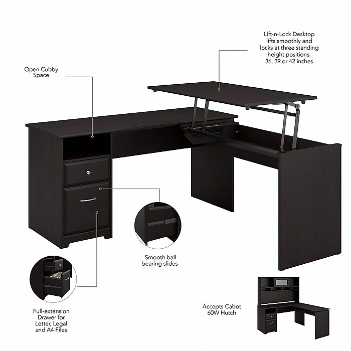 Bush Furniture Cabot 36"-42"H 3 Position L Shaped Sit To Stand Desk, Espresso Oak (CAB043EPO) 5 Bush Furniture Cabot 36"-42"H 3 Position L Shaped Sit To Stand Desk, Espresso Oak (CAB043EPO) - Image 3