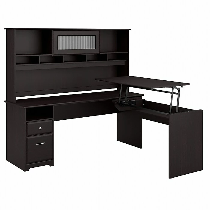 Bush Furniture Cabot 36"-42"H 3 Position L Shaped Sit To Stand Desk With Hutch, Espresso Oak (CAB052EPO) 3 Bush Furniture Cabot 36"-42"H 3 Position L Shaped Sit To Stand Desk With Hutch, Espresso Oak (CAB052EPO)