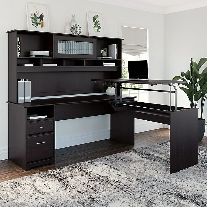 Bush Furniture Cabot 36"-42"H 3 Position L Shaped Sit To Stand Desk With Hutch, Espresso Oak (CAB052EPO) 4 Bush Furniture Cabot 36"-42"H 3 Position L Shaped Sit To Stand Desk With Hutch, Espresso Oak (CAB052EPO) - Image 2