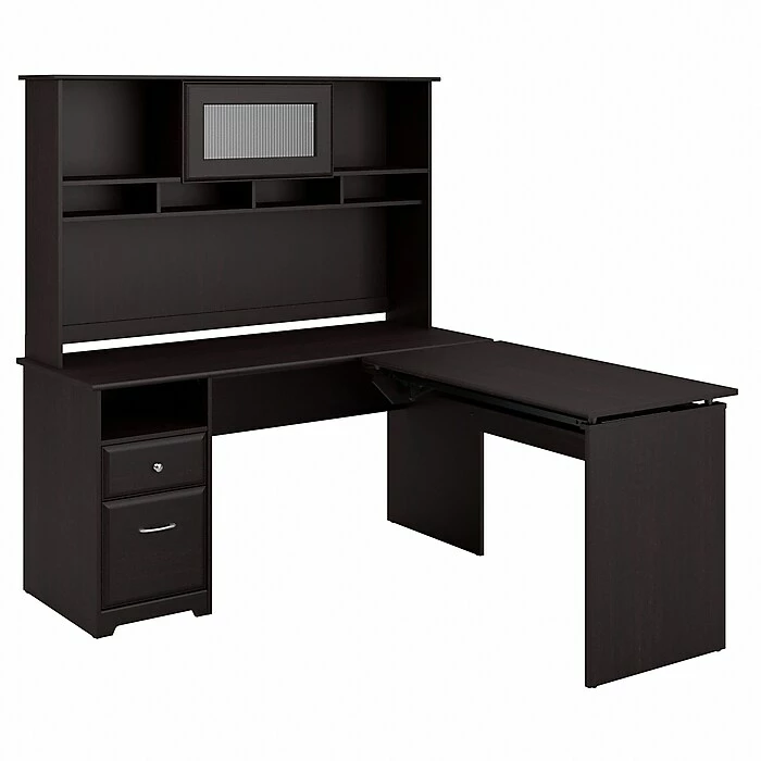 Bush Furniture Cabot 36"-42"H 3 Position L Shaped Sit To Stand Desk With Hutch, Espresso Oak (CAB045EPO) 3 Bush Furniture Cabot 36"-42"H 3 Position L Shaped Sit To Stand Desk With Hutch, Espresso Oak (CAB045EPO)