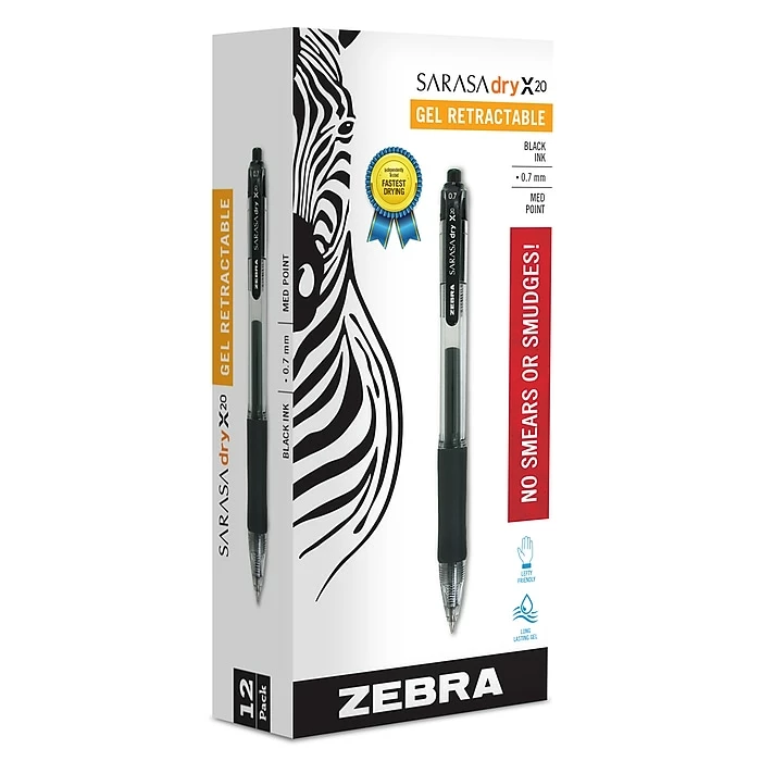 Zebra Sarasa Dry X20 Gel Retractable Pens, Medium Point, Black Ink, Dozen (46810) 3 Zebra Sarasa Dry X20 Gel Retractable Pens, Medium Point, Black Ink, Dozen (46810)