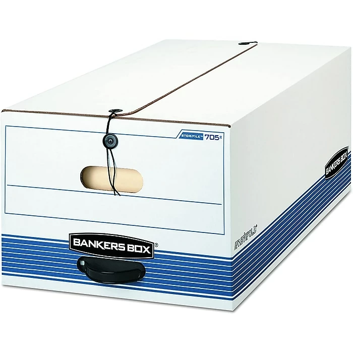 Bankers Box Stor/File Medium-Duty FastFold File Storage Boxes, String & Button, Legal Size, White/Blue, 12/Carton (00705) 3 Bankers Box Stor/File Medium-Duty FastFold File Storage Boxes, String & Button, Legal Size, White/Blue, 12/Carton (00705)