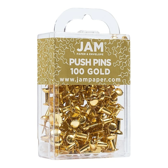 JAM Paper Push Pins, Shiny Gold, 100/Pack (222419051) 4 JAM Paper Push Pins, Shiny Gold, 100/Pack (222419051) - Image 2
